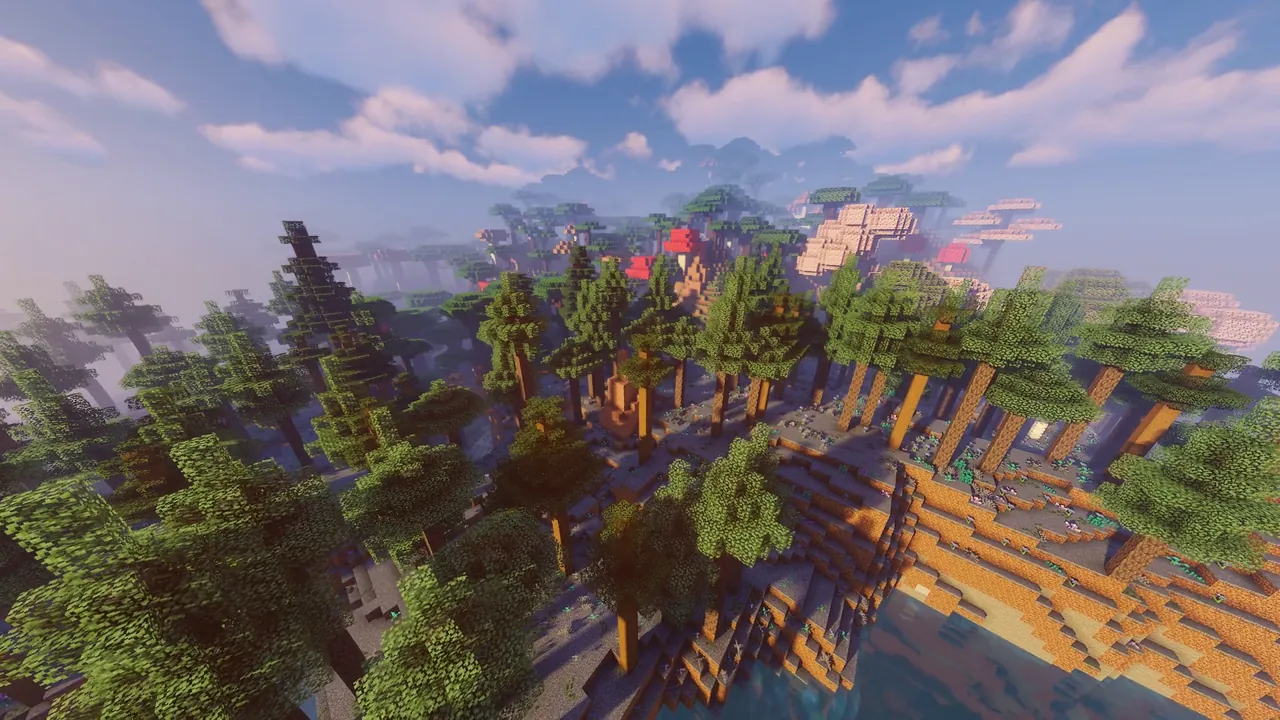 A forest biome with a winding river, towering trees and giant mushrooms.