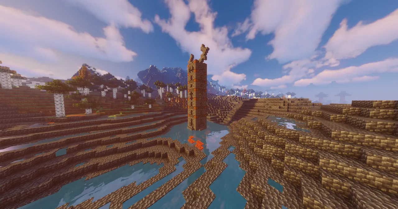 A stepped rocky caldera with pools, lava and a tall stone spire.