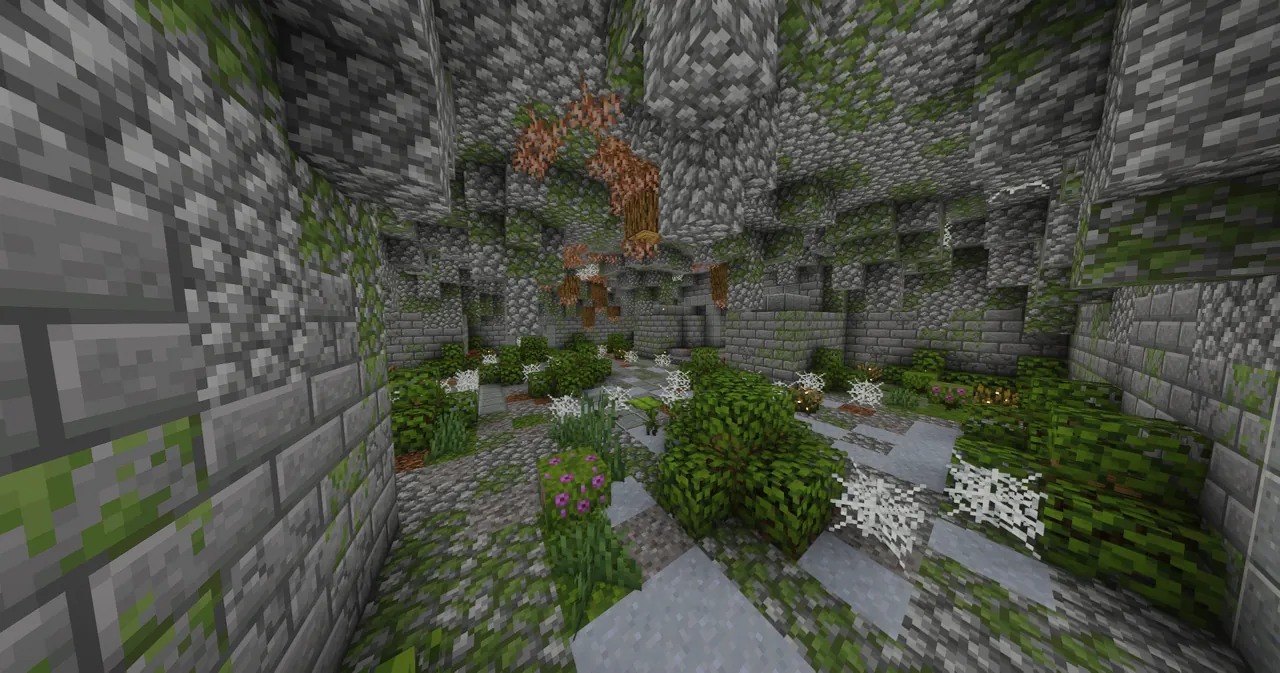 A mossy stone dungeon overgrown with vines, leaves and cobwebs.