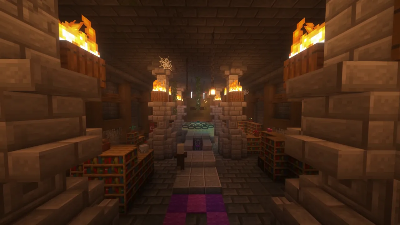 A torchlit stone stronghold with bookshelves and an End portal.